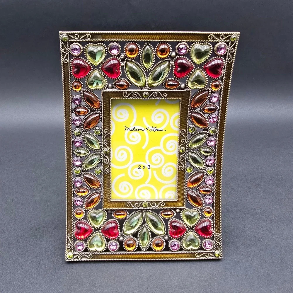 Milson & Louis Jeweled Picture Frame 2x3 Multi-Color Crystal Heart Bronze Metal